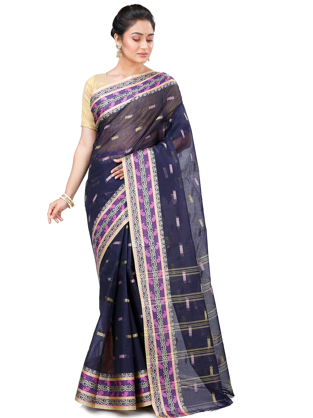 

PuJoy Woven Design Pure Cotton Handloom Taant Saree, Navy blue