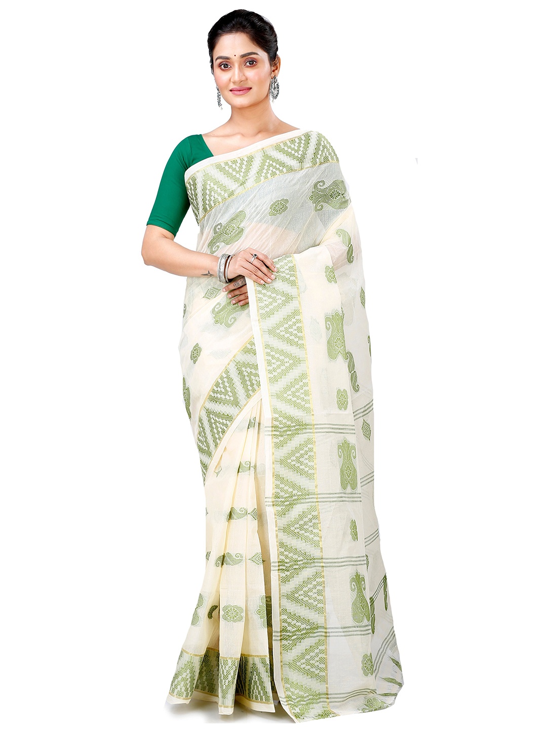 

PuJoy Woven Design Pure Cotton Taant Saree, White