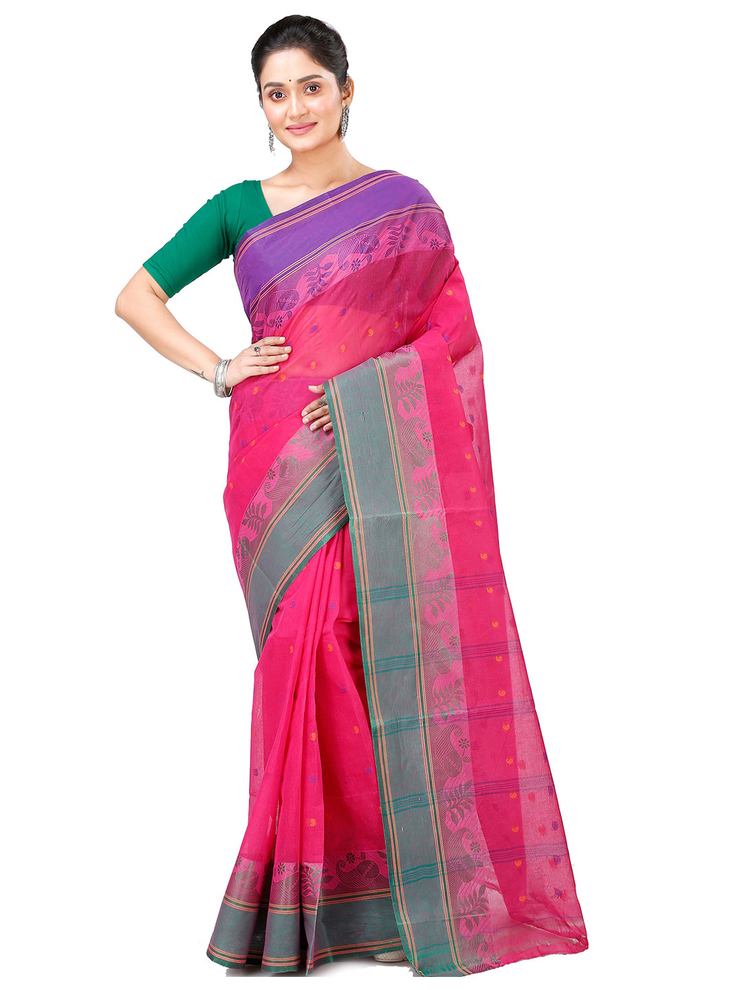 

PuJoy Ethnic Motifs Zari Pure Cotton Taant Saree, Pink