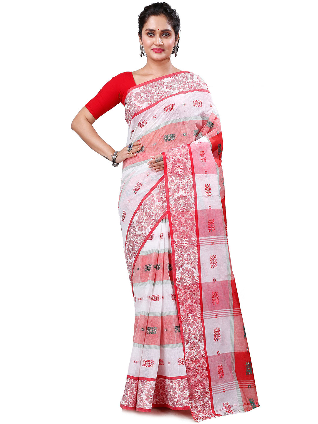 

PuJoy Woven Design Pure Cotton Taant Saree, White