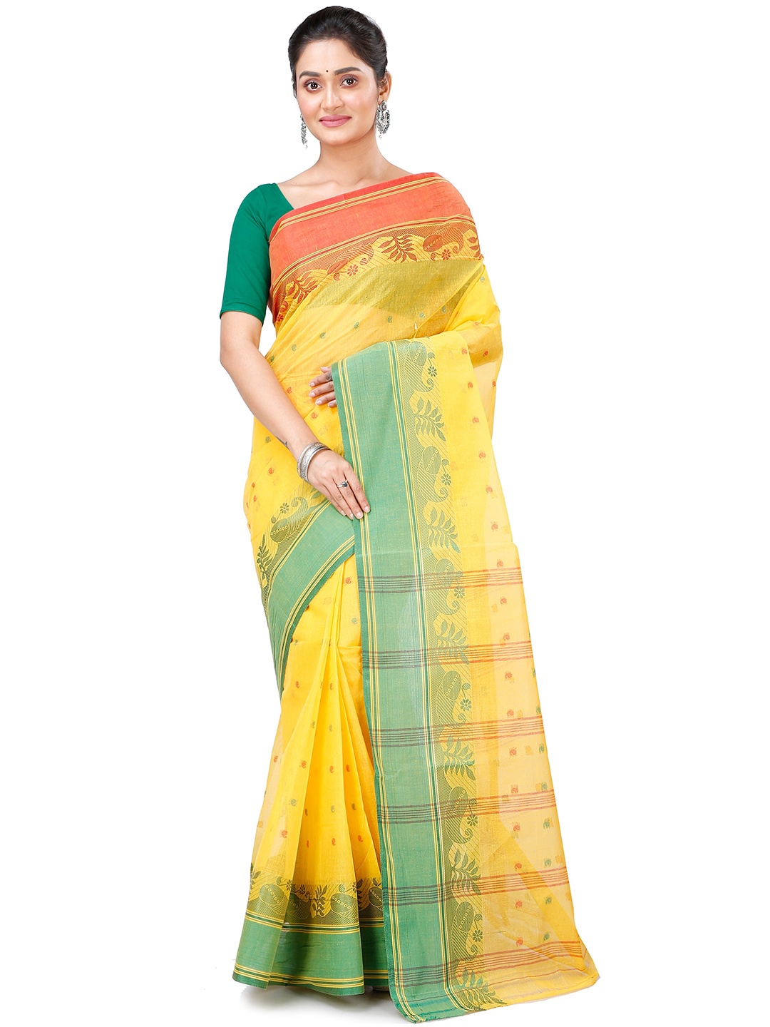 

PuJoy Woven Design Pure Cotton Taant Saree, Yellow