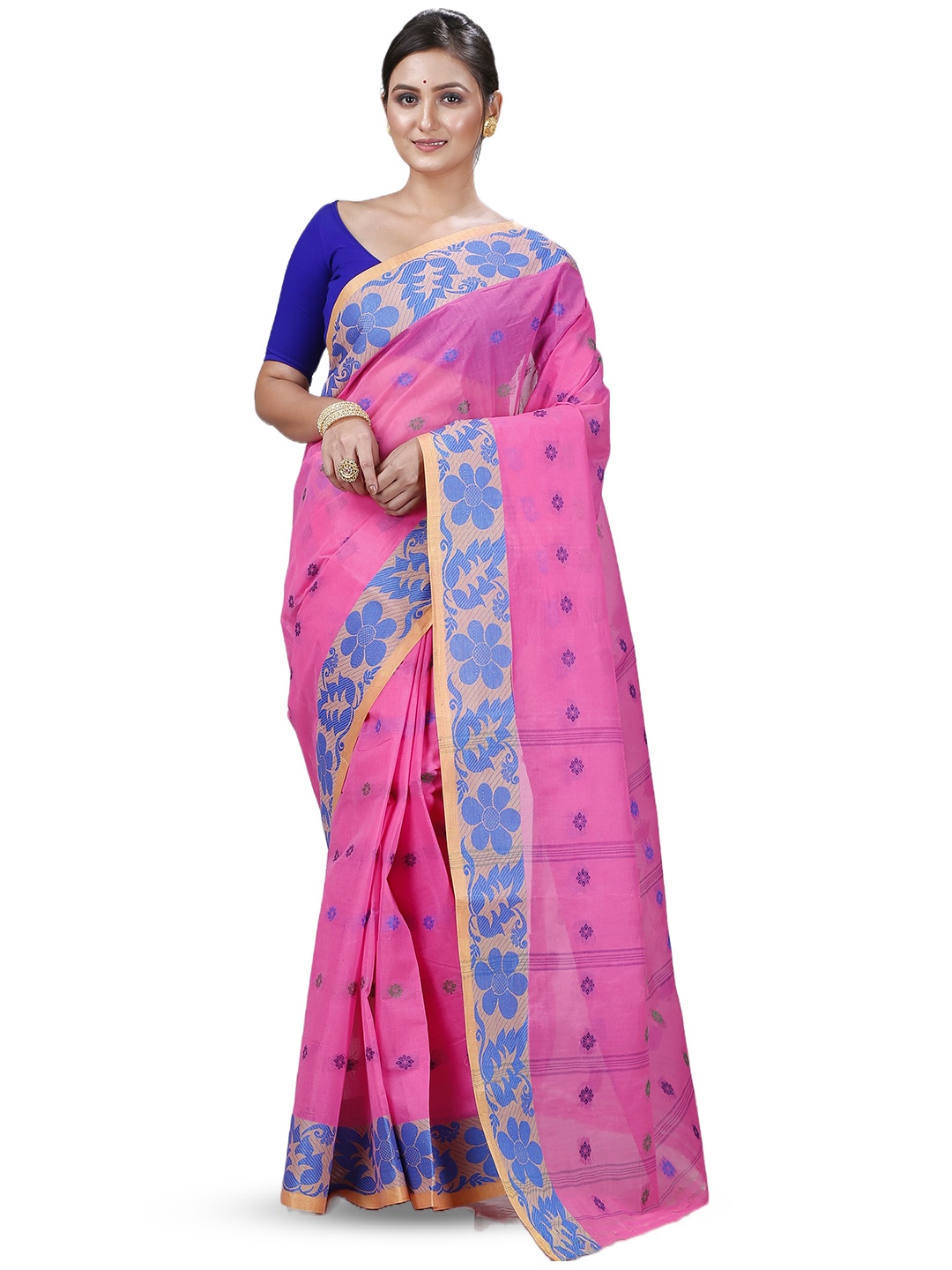 

PuJoy Floral Woven Design Pure Cotton Taant Saree, Pink