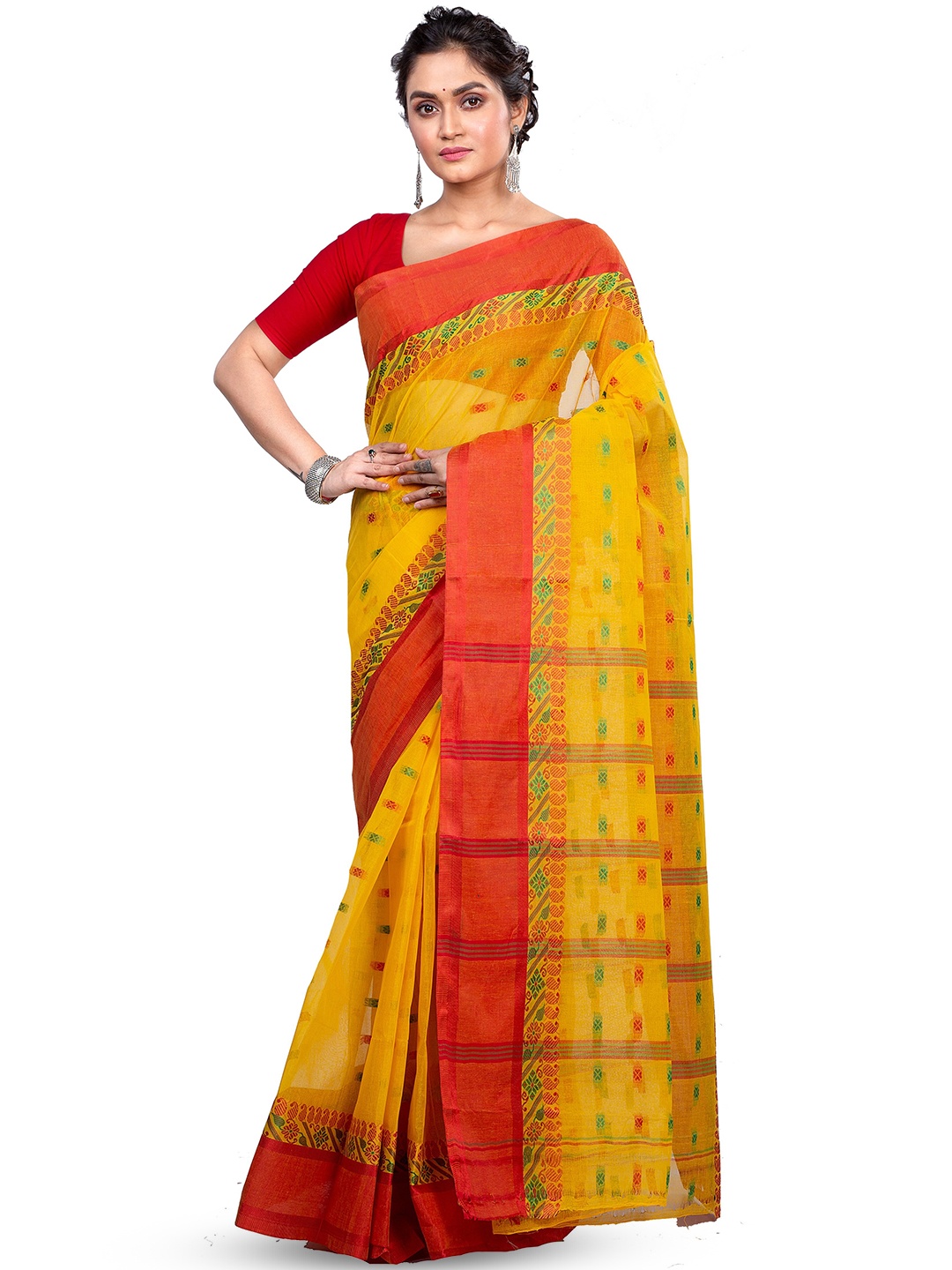 

PuJoy Woven Design Pure Cotton Taant Saree, Yellow