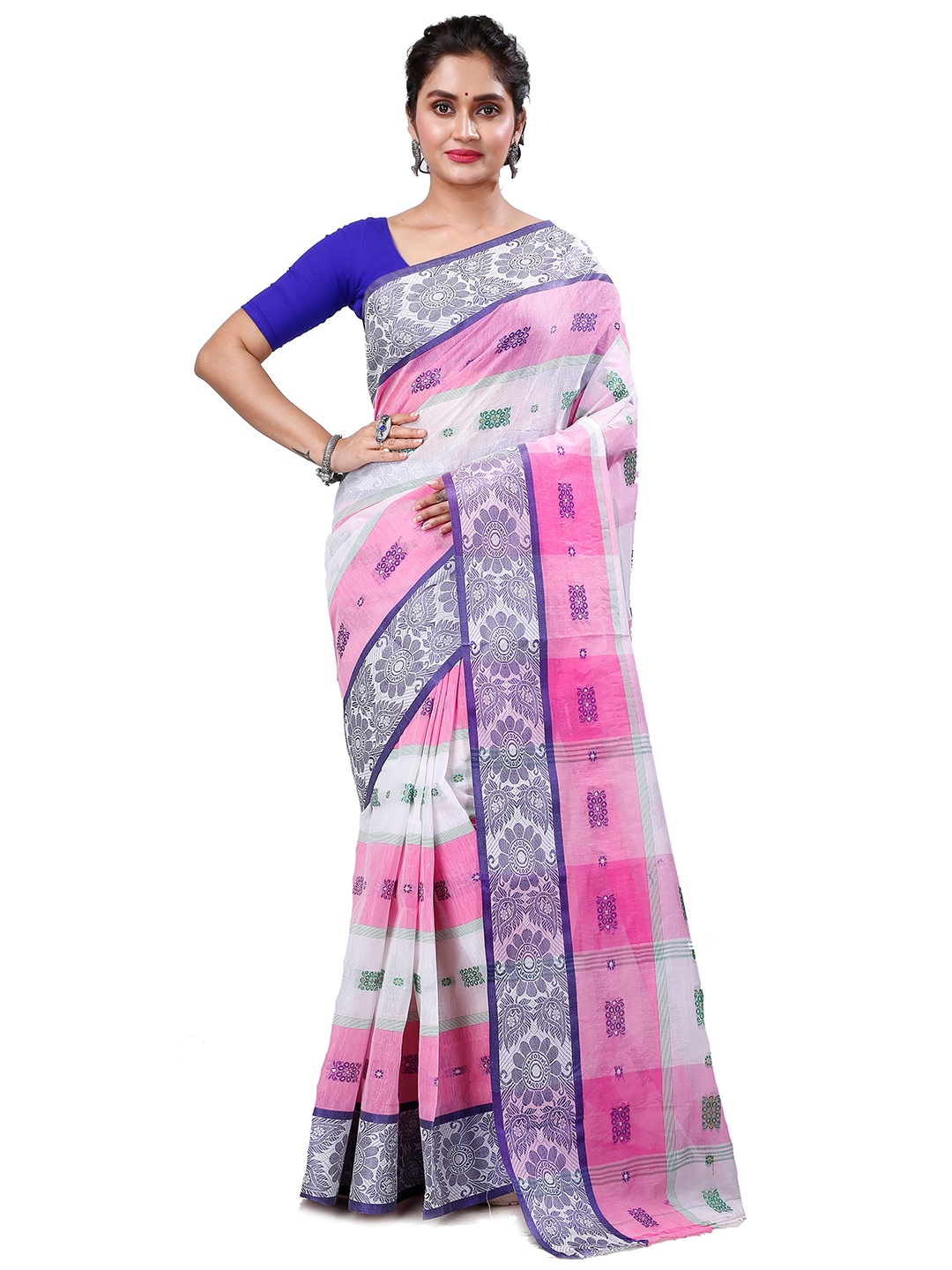 

PuJoy Woven Design Zari Pure Cotton Taant Saree, Pink