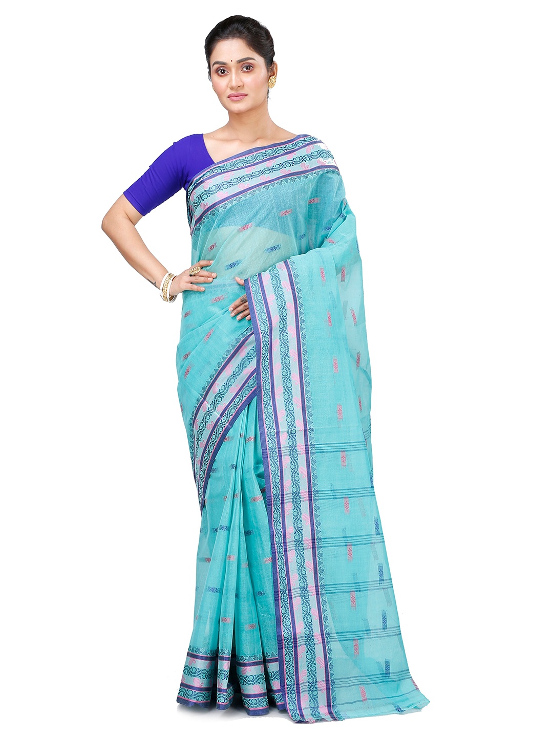 

PuJoy Ethnic Motifs Woven Design Pure Cotton Taant Saree, Blue