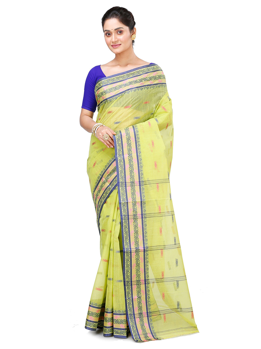 

PuJoy Woven Design Pure Cotton Taant Saree, Green
