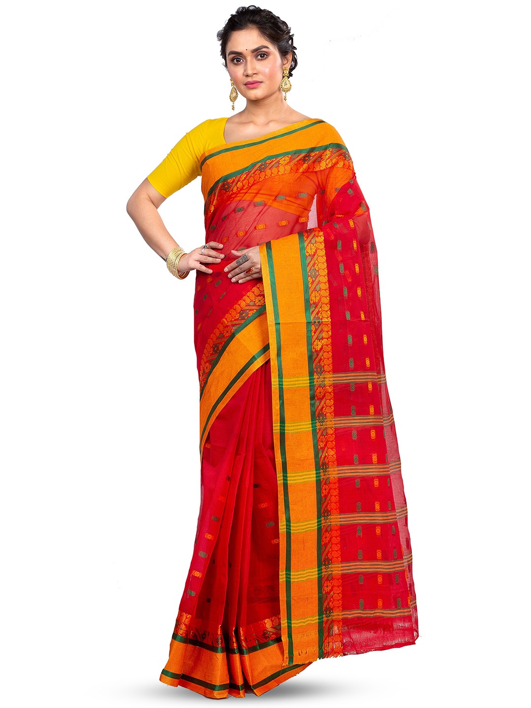 

PuJoy Woven Design Pure Cotton Taant Saree, Red