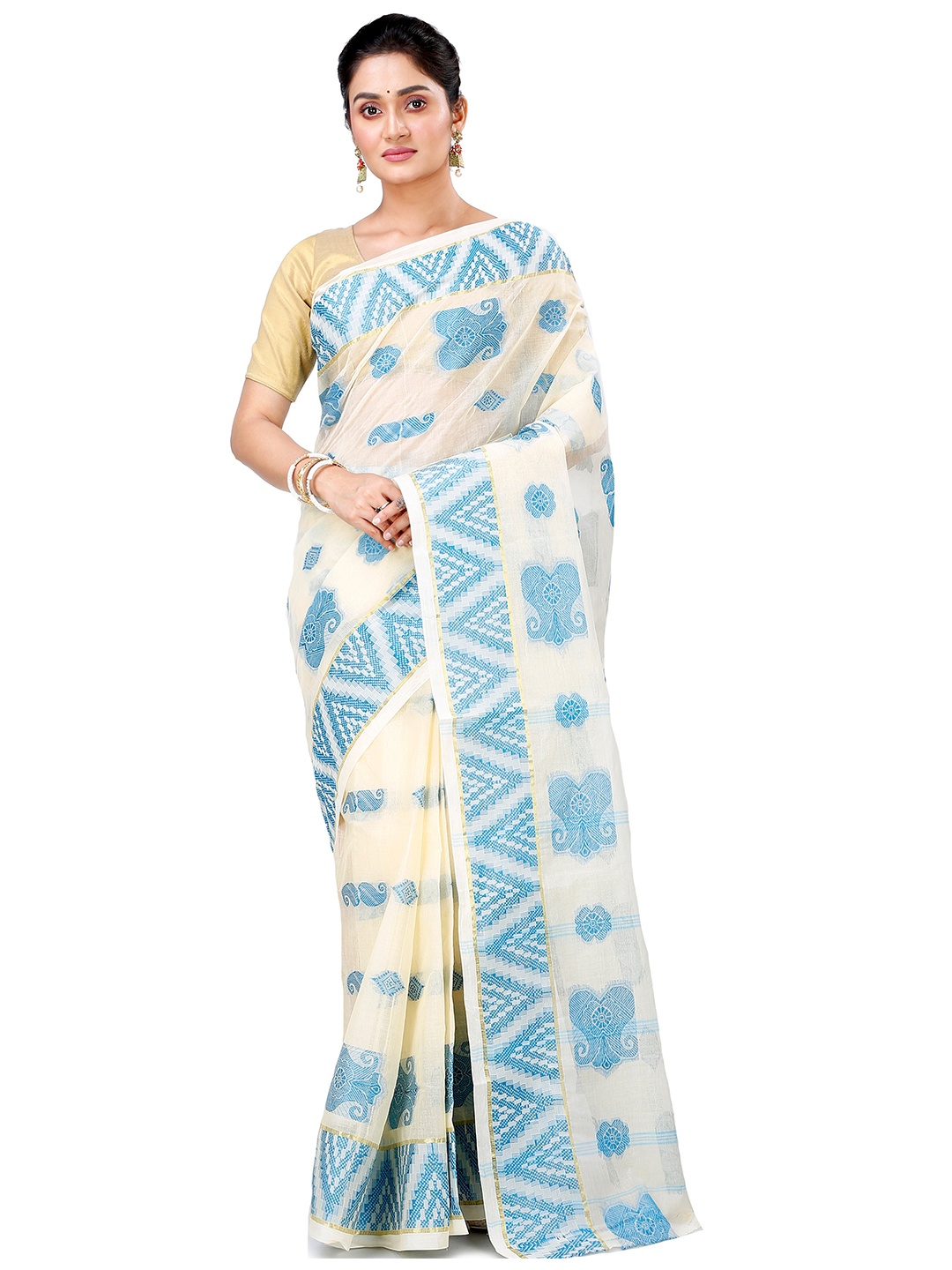 

PuJoy Woven Design Pure Cotton Taant Saree, White