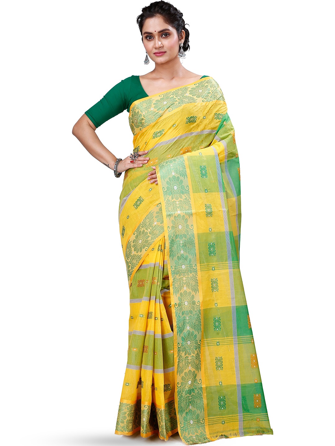 

PuJoy Woven Design Pure Cotton Taant Saree, Yellow