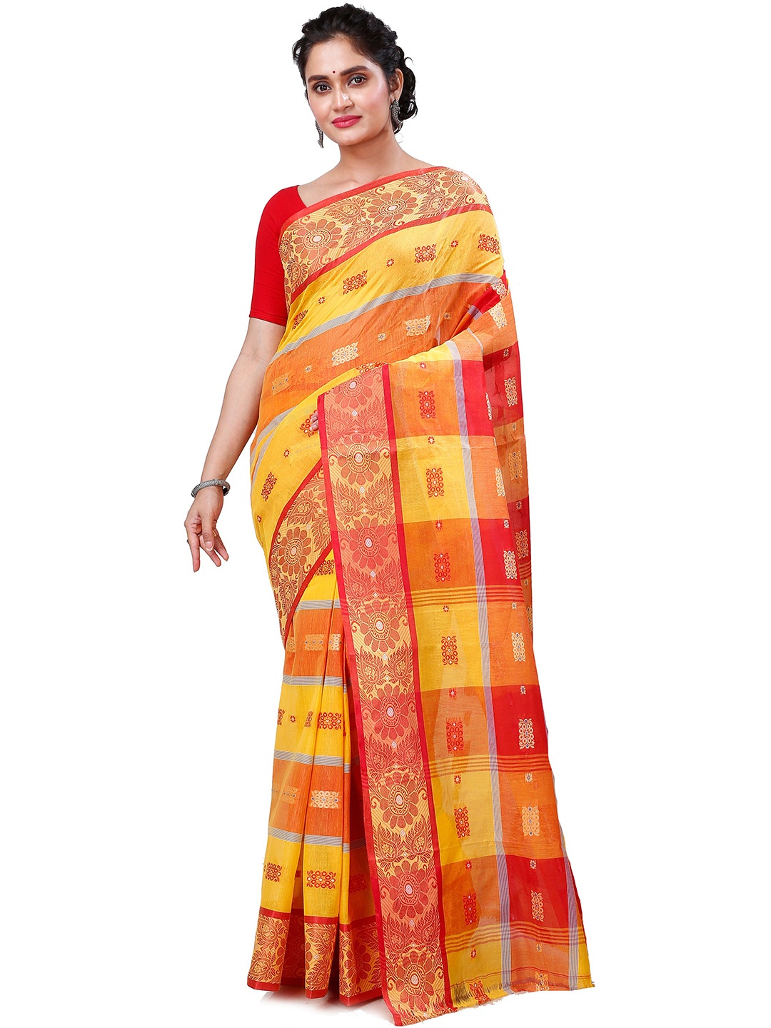 

PuJoy Woven Design Pure Cotton Taant Saree, Yellow