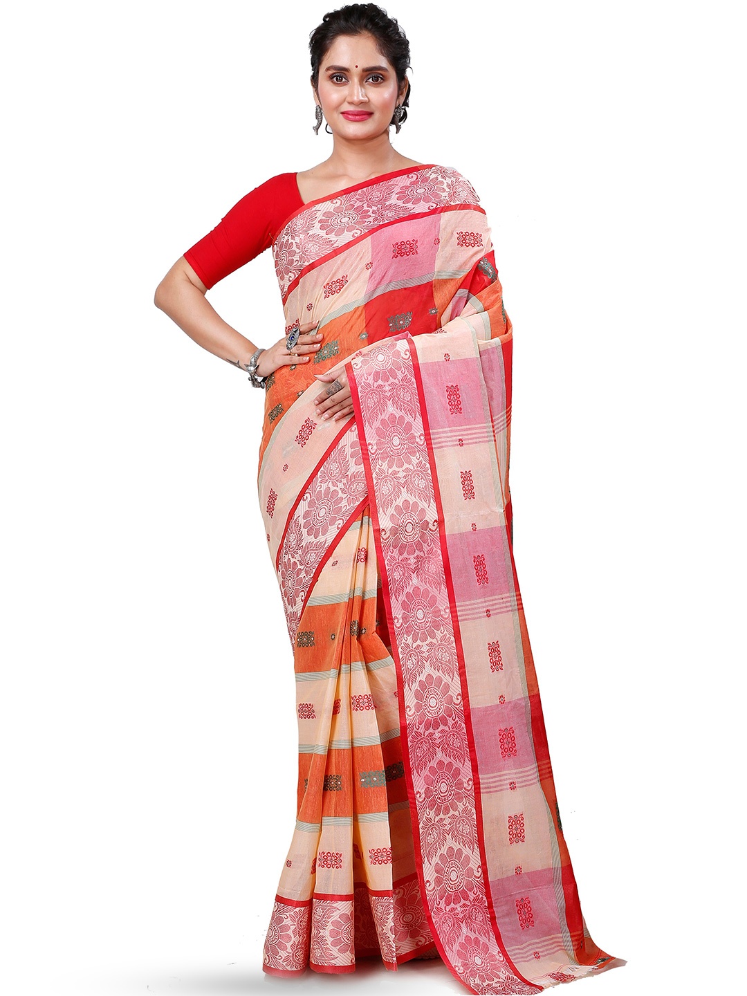 

PuJoy Ethnic Motifs Woven Design Zari Pure Cotton Taant Saree, Red