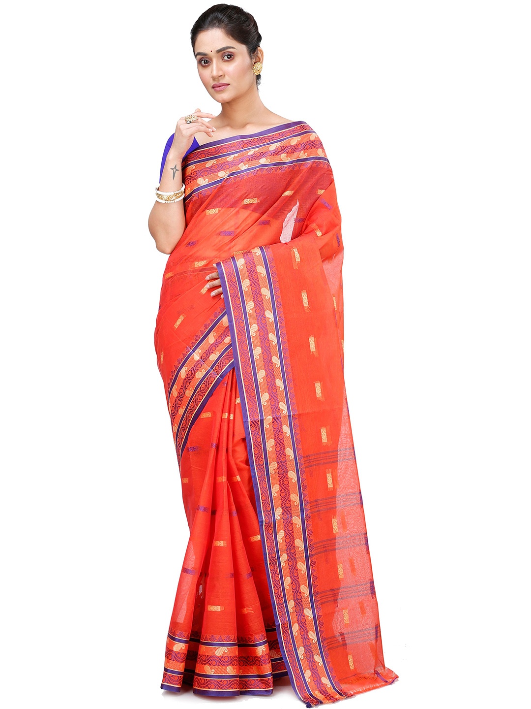 

PuJoy Woven Design Pure Cotton Taant Saree, Orange