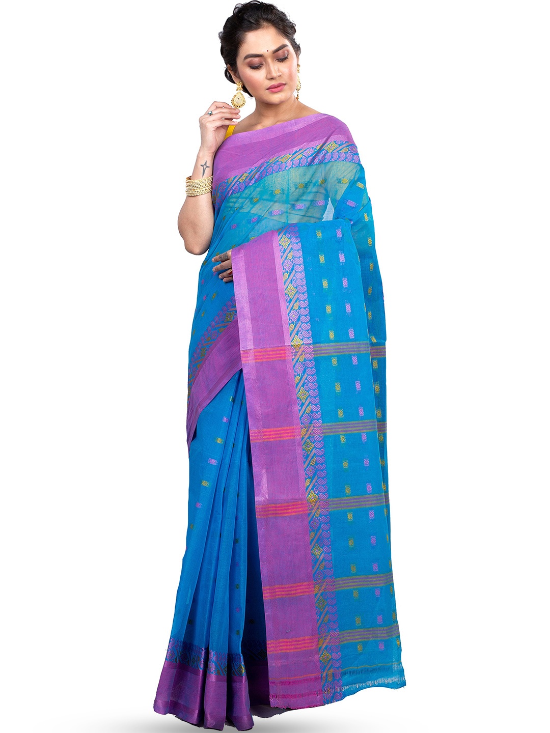 

PuJoy Woven Design Pure Cotton Taant Saree, Blue