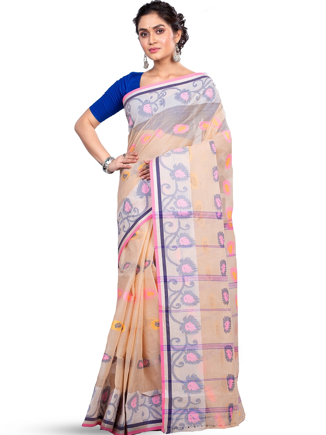 

PuJoy Floral Pure Cotton Handloom Taant Saree, Cream