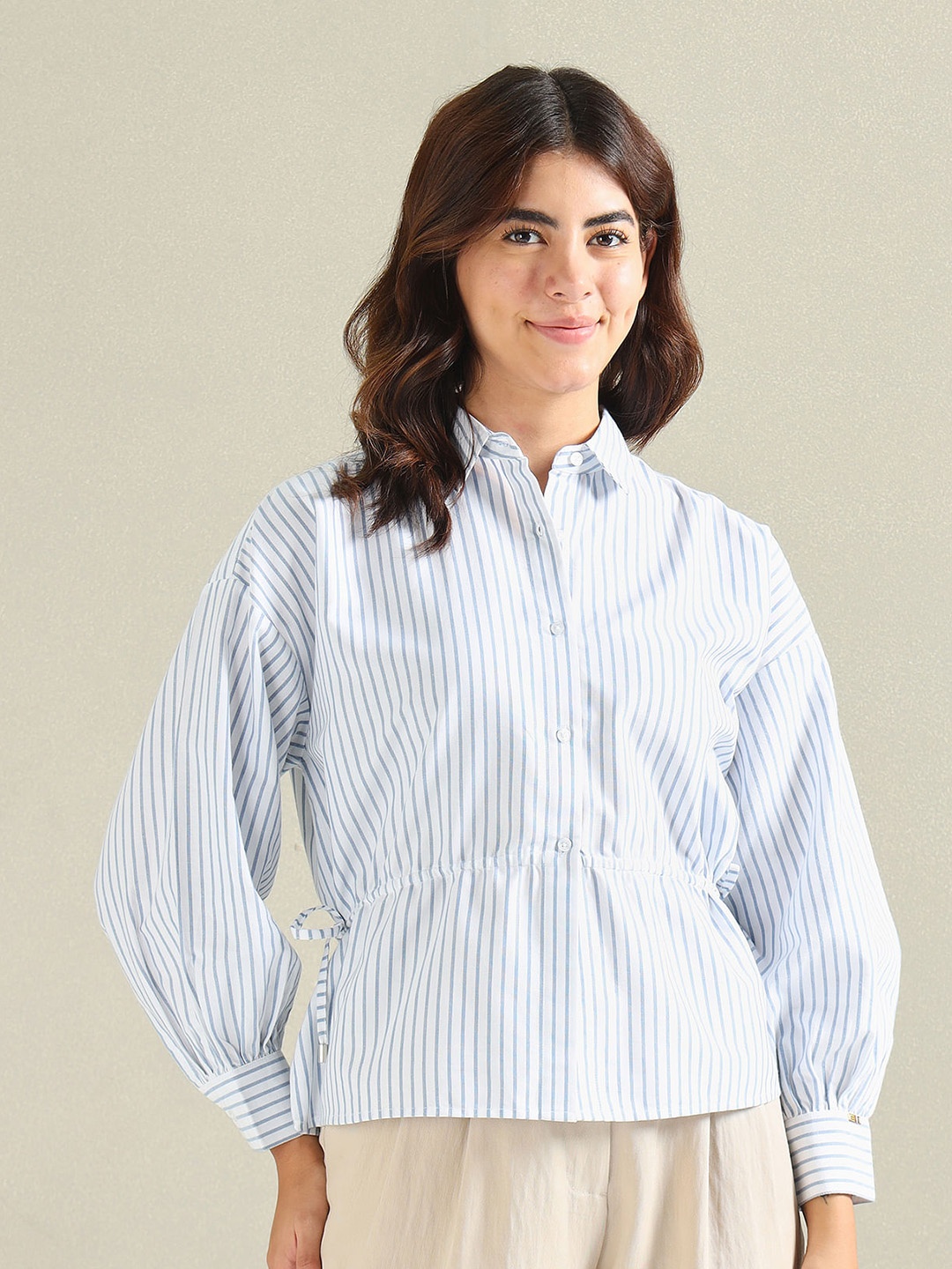 

U.S. Polo Assn. Women Vertical Striped Shirt Collar Cinched Waist Top, Blue