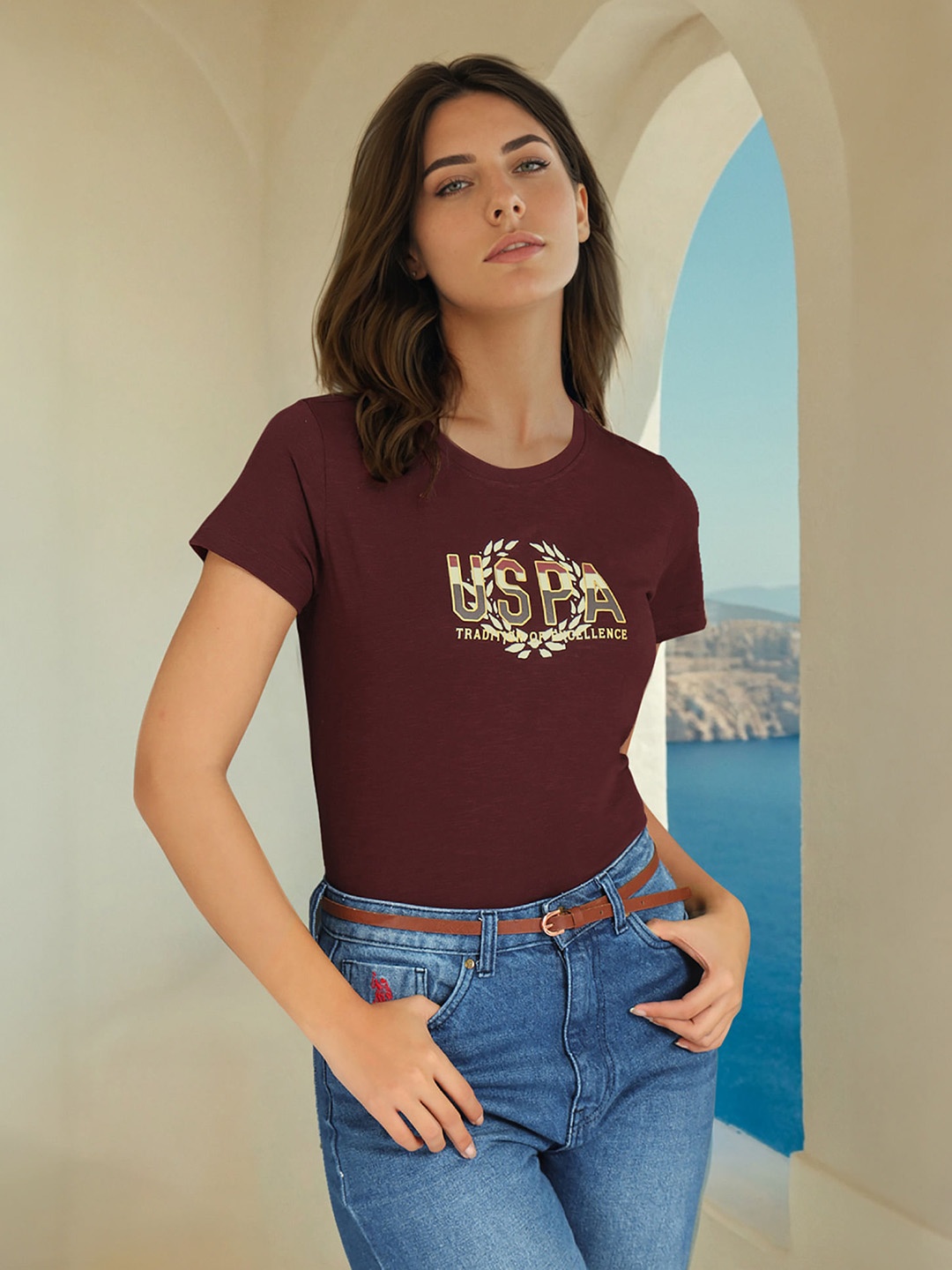 U.S. Polo Assn. Women Typography Embroidered Cotton T-shirt, Red