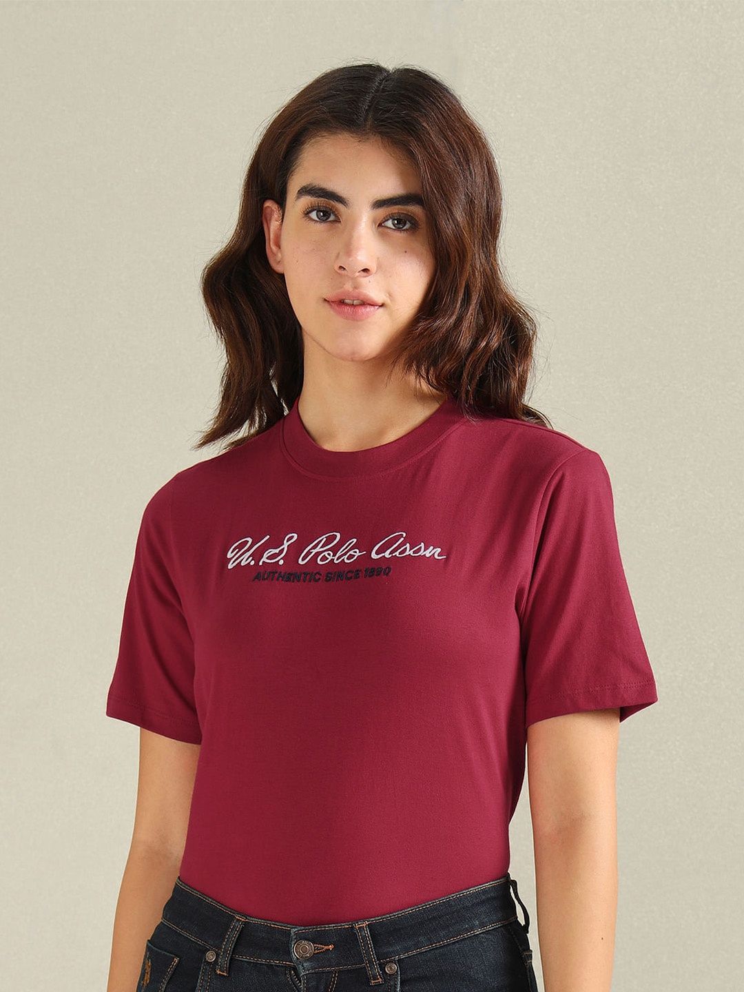 

U.S. Polo Assn. Women Embroidered Crew Neck Cotton T-shirt, Red