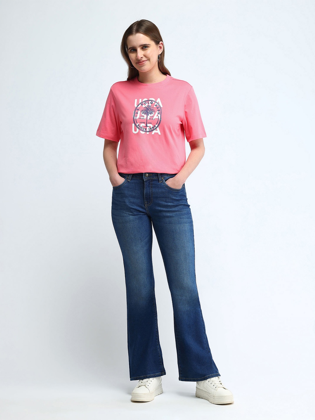 

U.S. Polo Assn. Women Typography Printed Pure Cotton Oversized T-Shirt, Pink