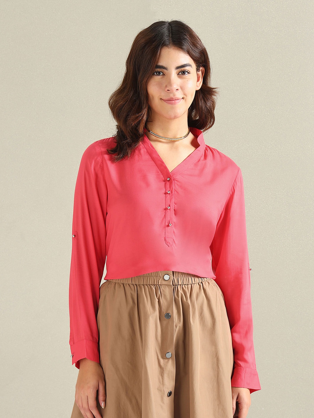 

U.S. Polo Assn. Women Mandarin Collar Roll-Up Sleeves Top, Red