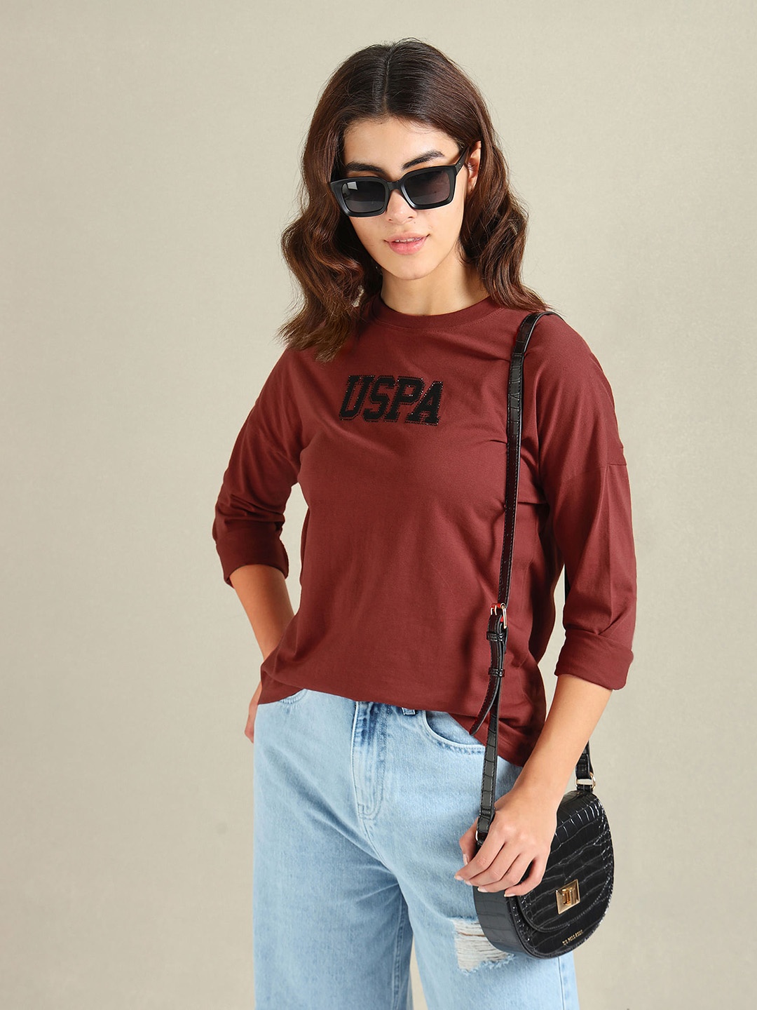 

U.S. Polo Assn. Women Typography Printed Embellished Drop-Shoulder Sleeves T-shirt, Rust
