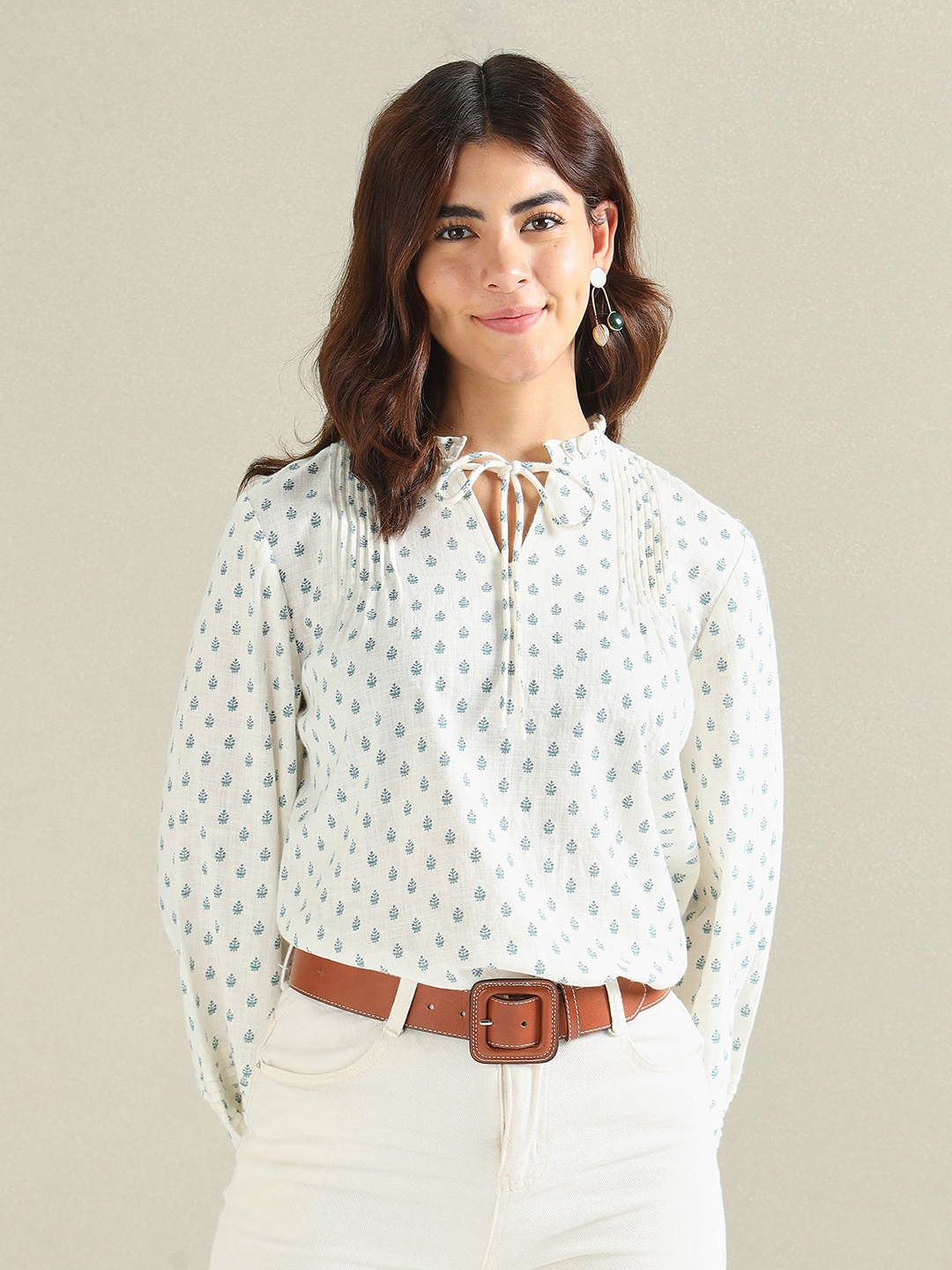 

U.S. Polo Assn. Women Ethnic Printed Tie-Up Neck Puff Sleeves Cotton Top, White