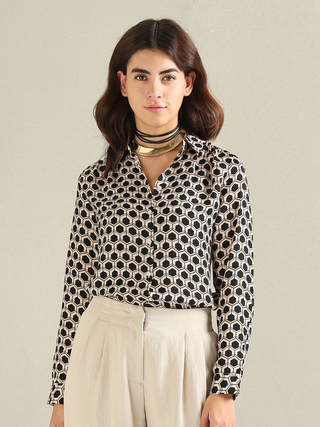 

U.S. Polo Assn. Women Geometric Opaque Printed Casual Shirt, Black
