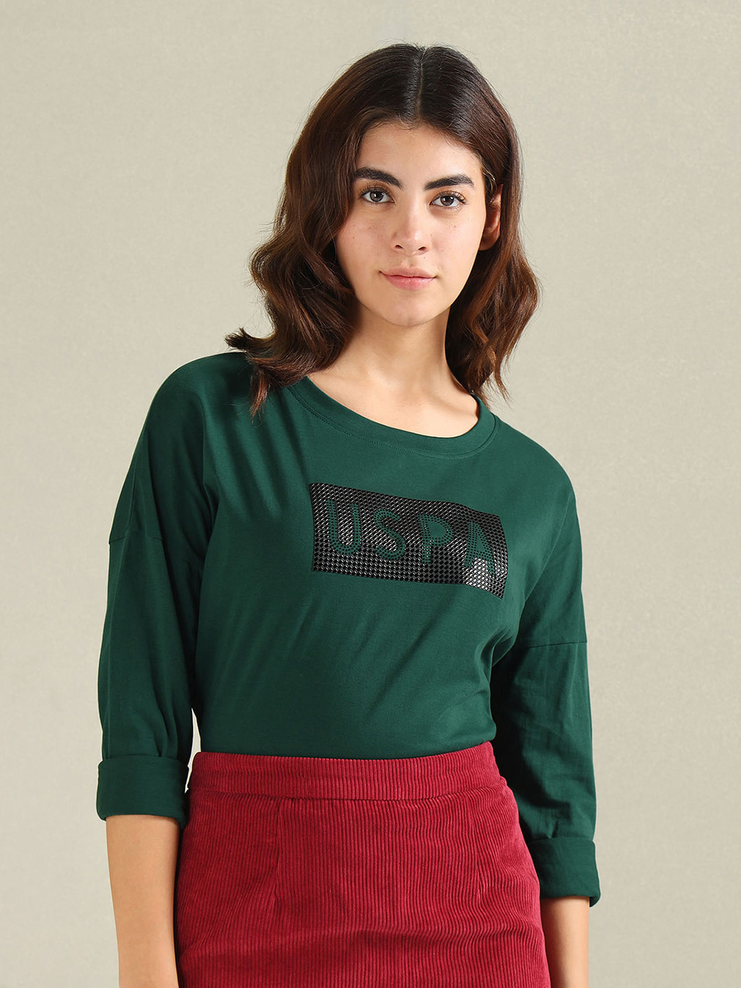 

U.S. Polo Assn. Women Typography Printed Embellished Drop-Shoulder Sleeves T-shirt, Green