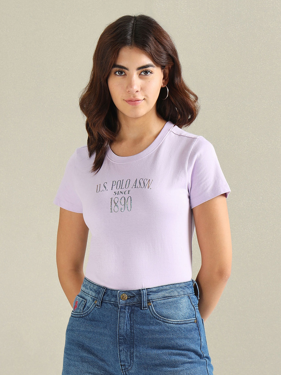 

U.S. Polo Assn. Women Typography Printed Round Neck Short Sleeves Cotton T-shirt, Purple
