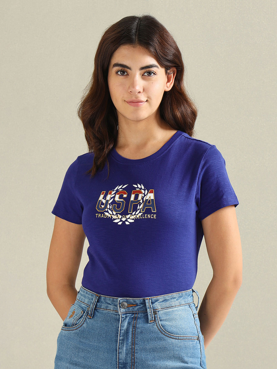 

U.S. Polo Assn. Women Typography Printed Pure Cotton T-shirt, Blue