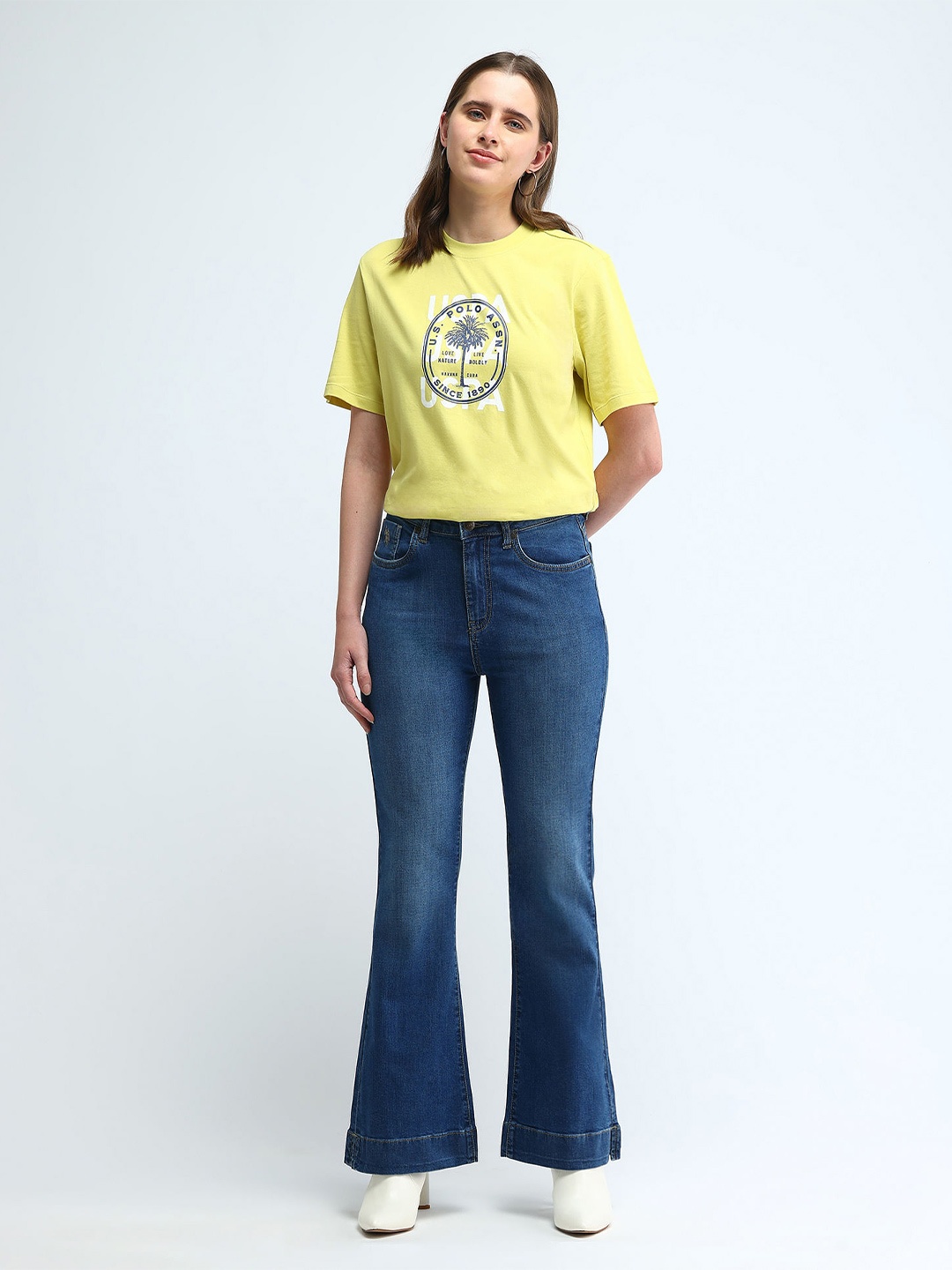 

U.S. Polo Assn. Women Typography Printed Pure Cotton Oversized T-Shirt, Yellow