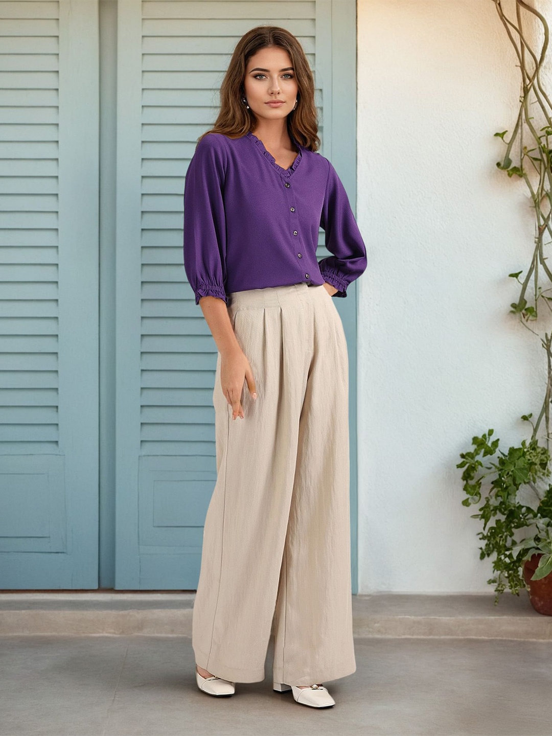 

U.S. Polo Assn. Women V-Neck Puff Sleeve Shirt Style Top, Purple