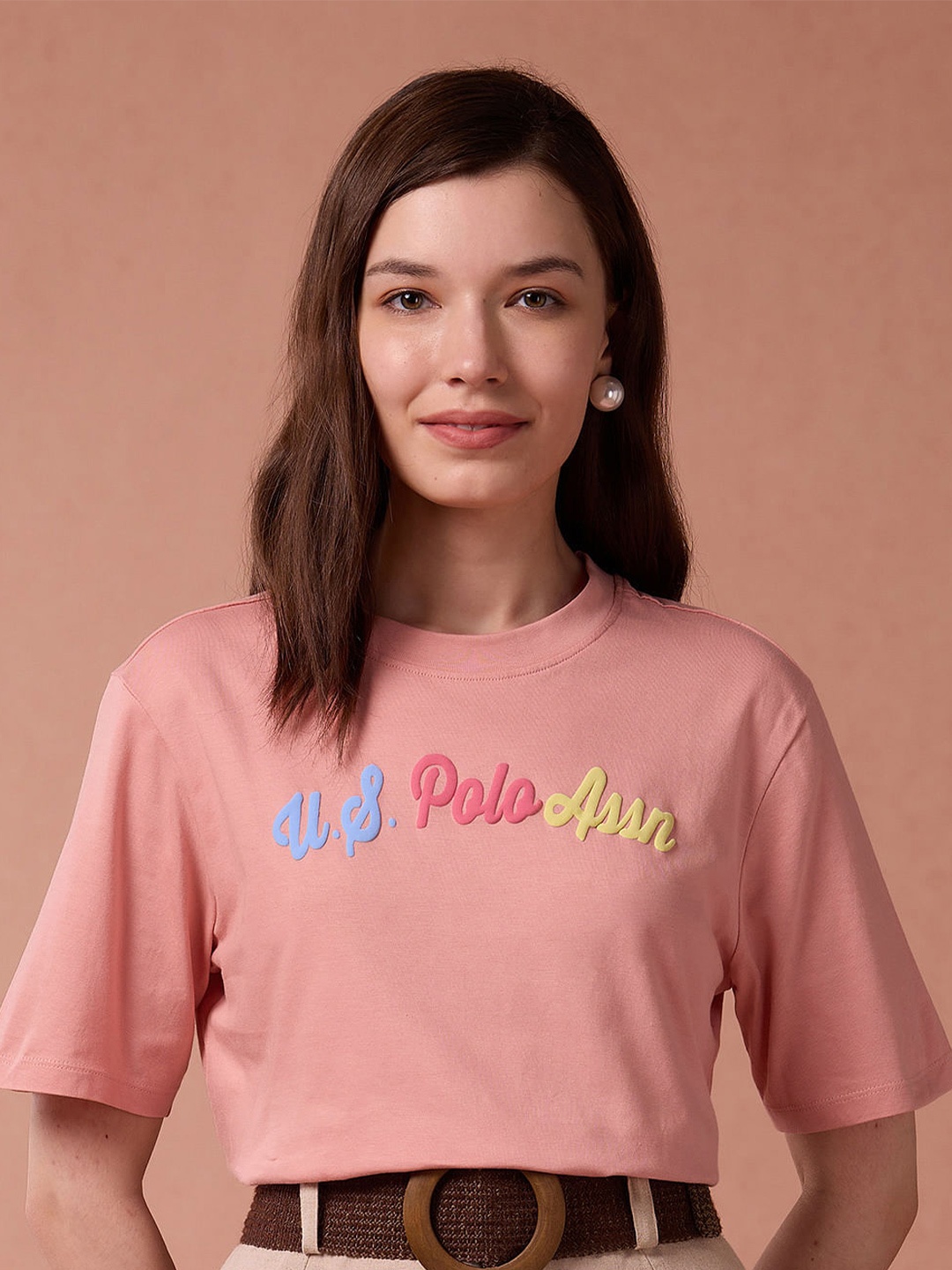 

U.S. Polo Assn. Typography Printed Pure Cotton Oversized T-shirt, Pink