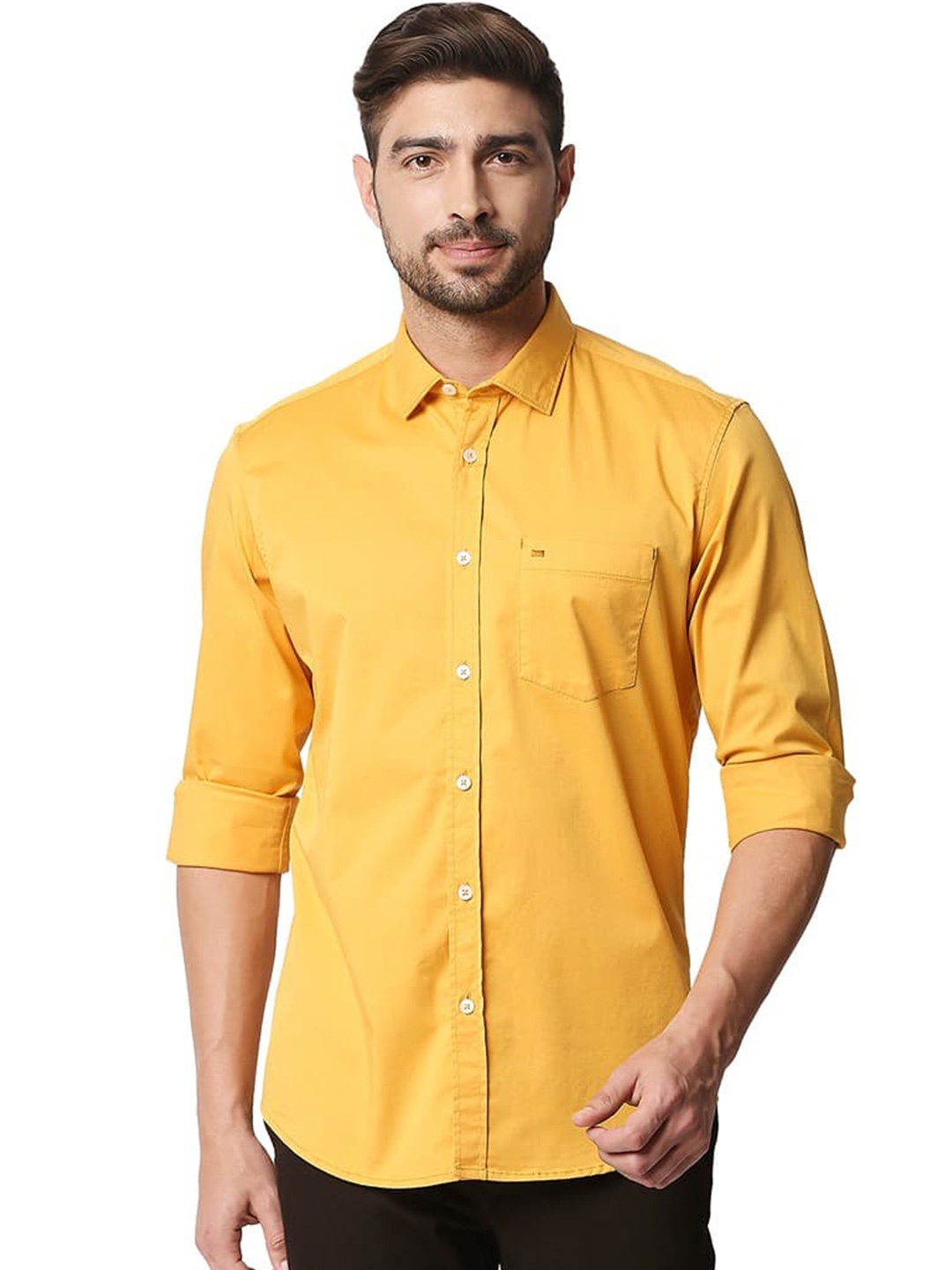 

Basics Spread Collar Long Sleeves Slim Fit Opaque Casual Shirt, Yellow