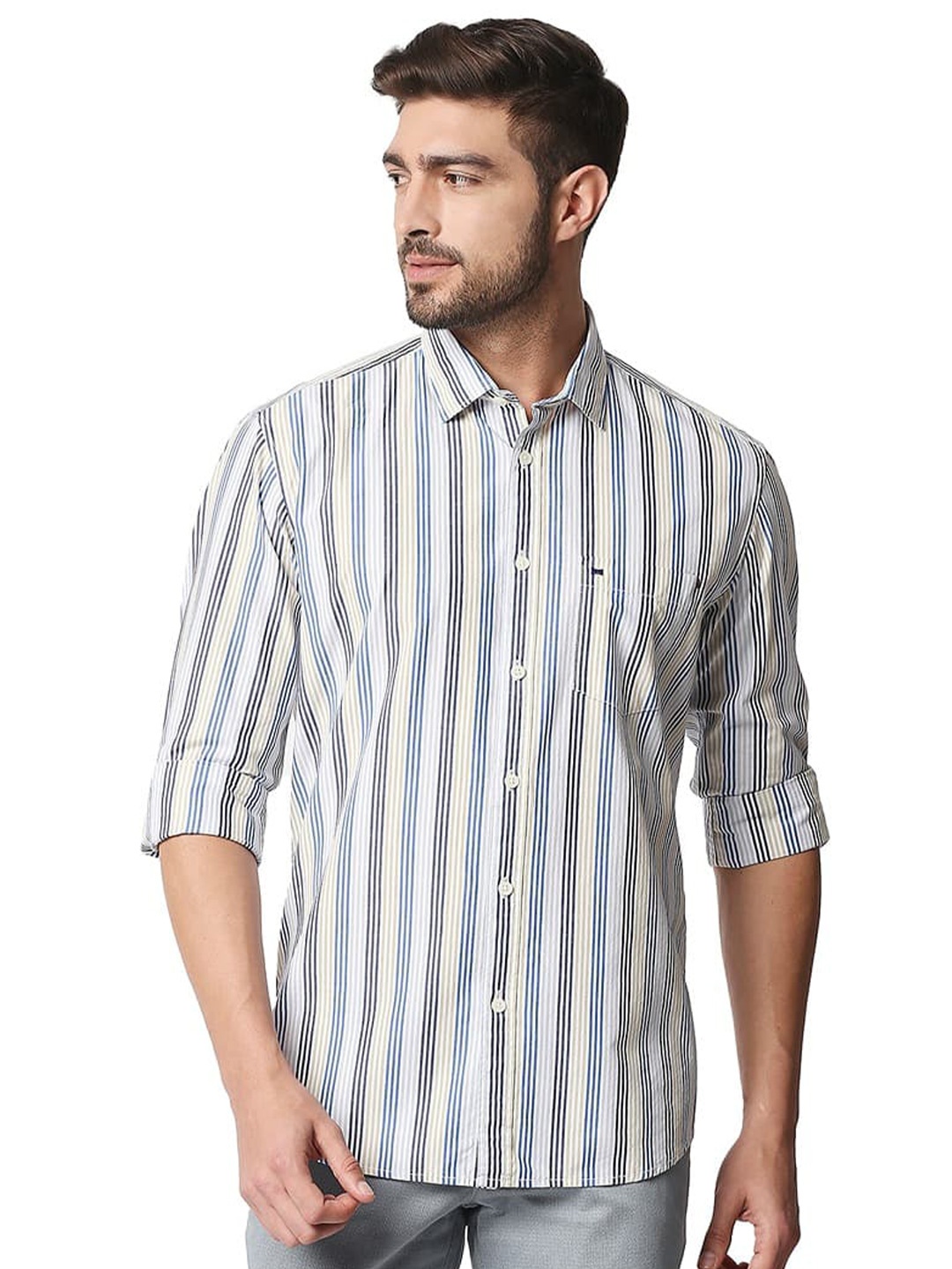 

Basics Slim Fit Cotton Striped Casual Shirt, Blue