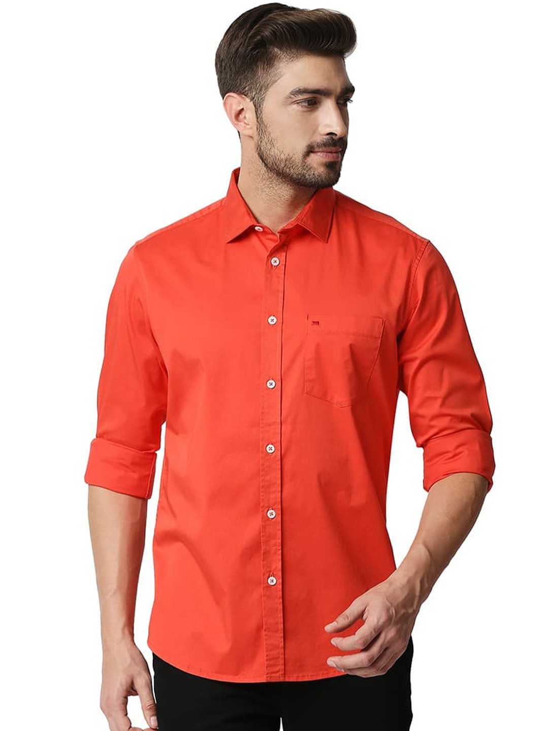 

Basics Spread Collar Cotton Slim Fit Curved Regular Casual Shirt, Pink
