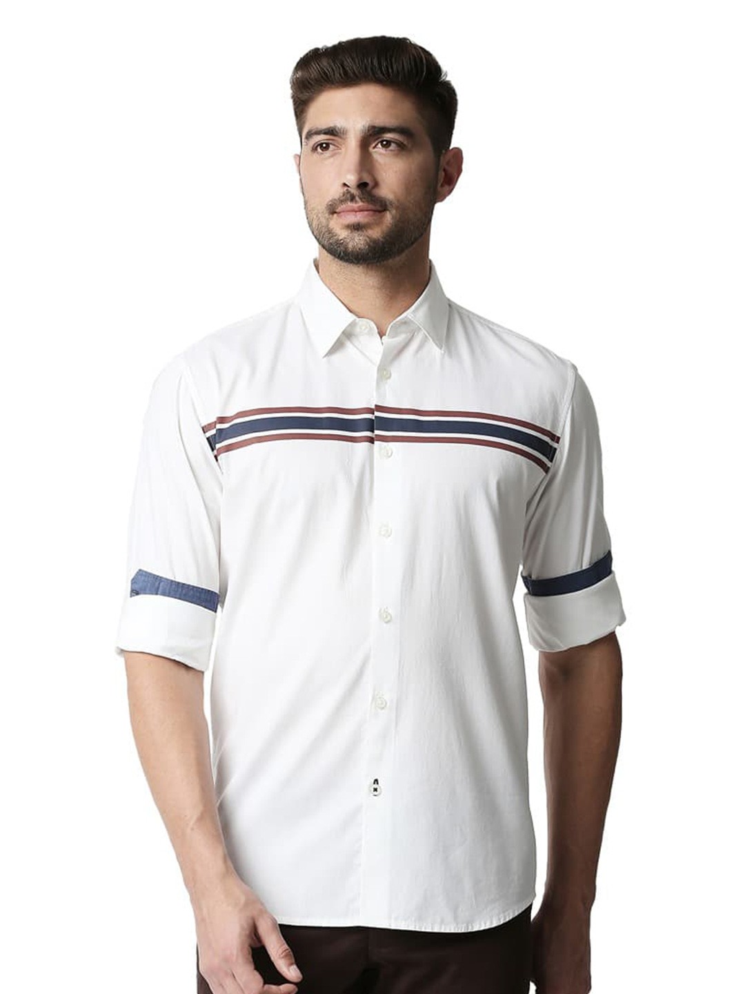 

Basics Spread Collar Slim Fit Horizontal Stripes Opaque Striped Casual Shirt, White