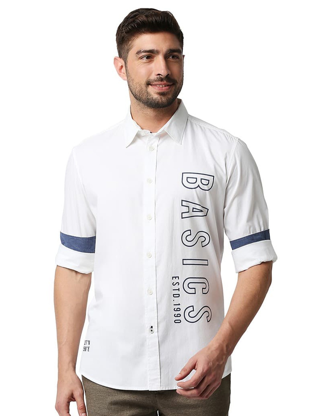 

Basics Slim Fit Cotton Bright Oxford Printed Casual Shirt, White