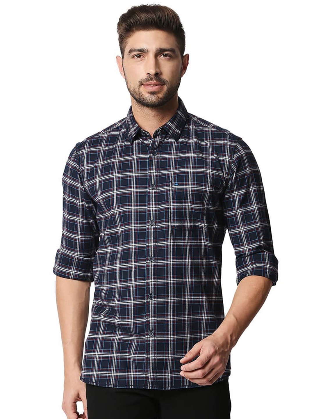 

Basics Windowpane Checks Cotton Slim Fit Spread Collar Curved Casual Shirt, Blue