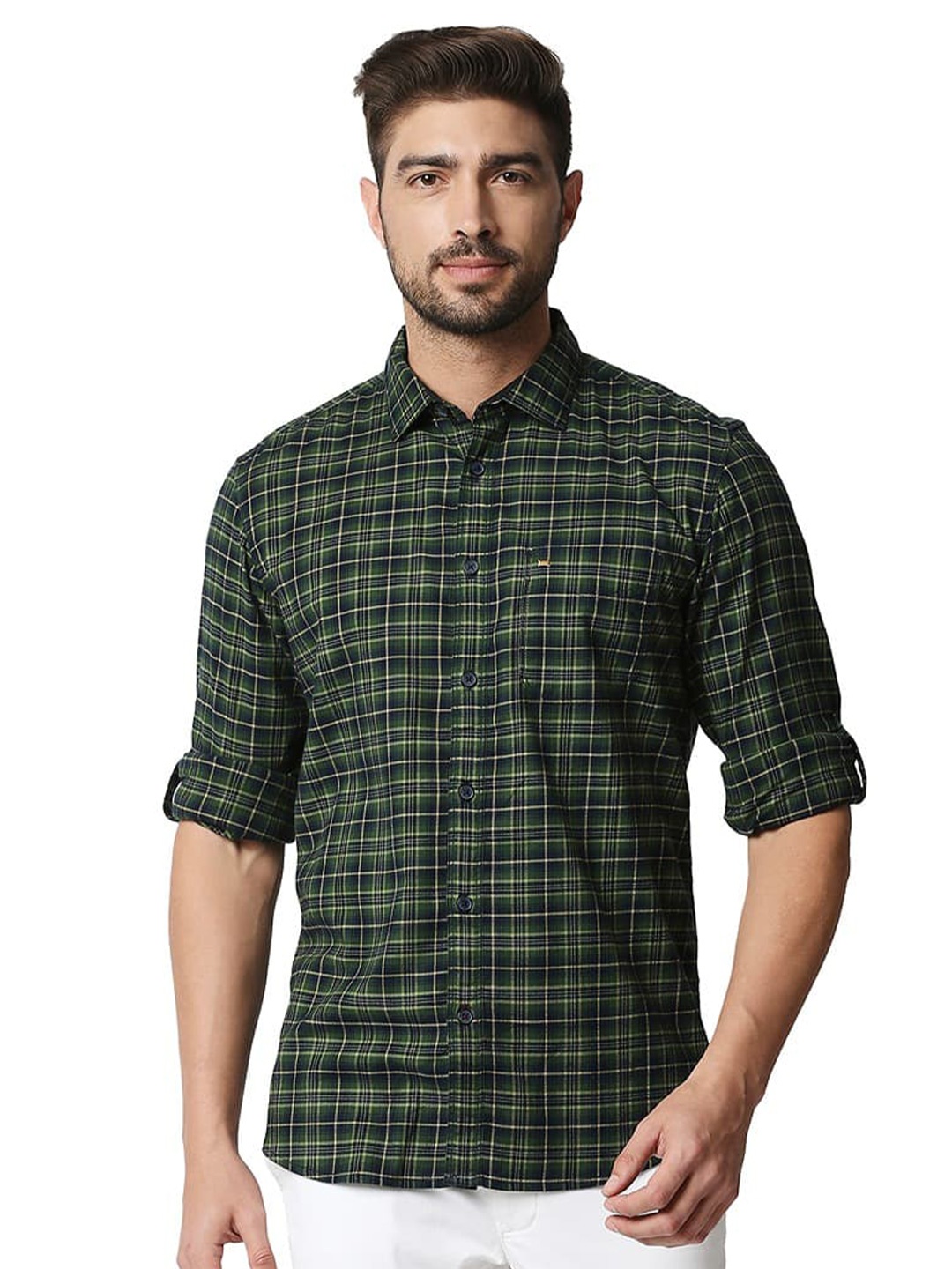 

Basics Slim Fit Cotton Checked Casual Shirt, Green