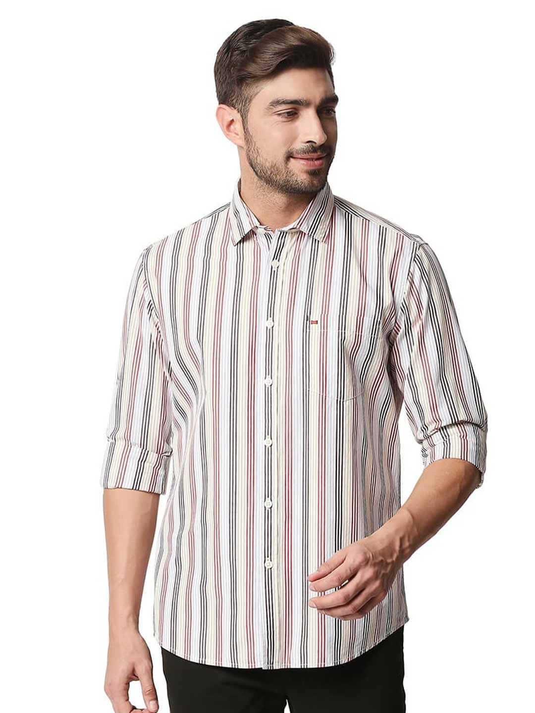 

Basics Vertical Stripes Cotton Spread Collar Slim Fit Striped Casual Shirt, Red