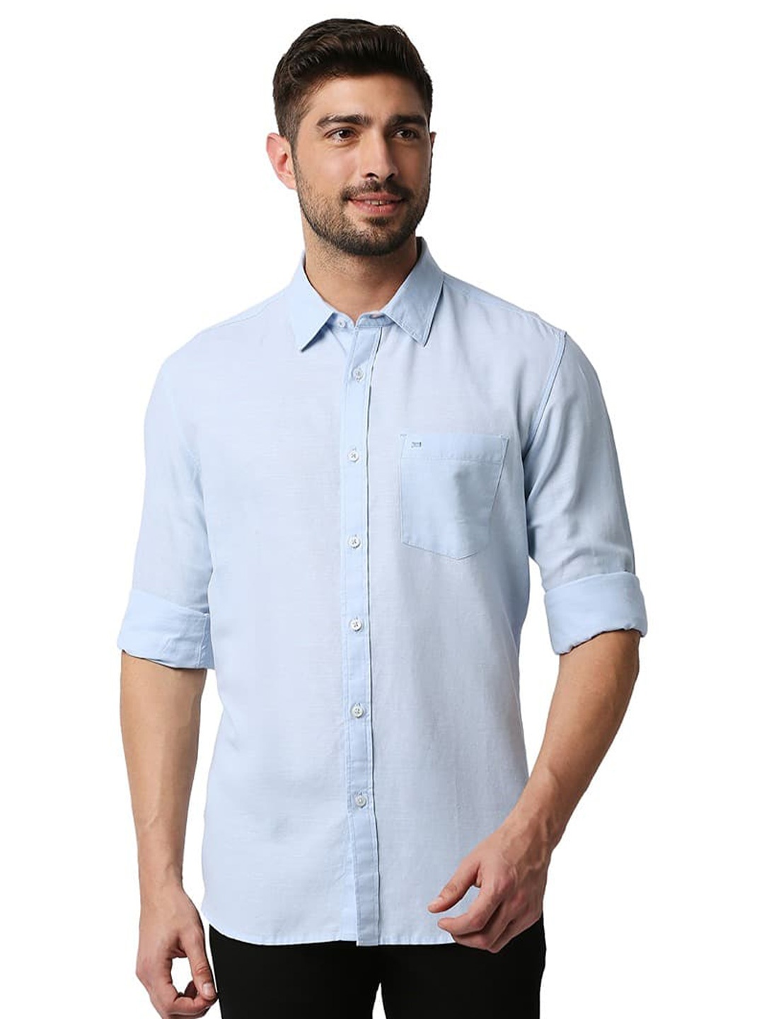 

Basics Spread Collar Long Sleeves Slim Fit Opaque Casual Shirt, Blue