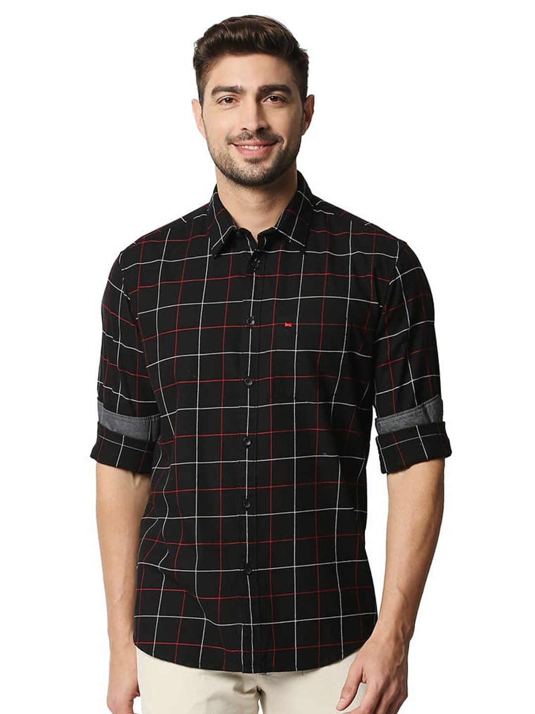 

Basics Spread Collar Slim Fit Opaque Checked Casual Shirt, Black