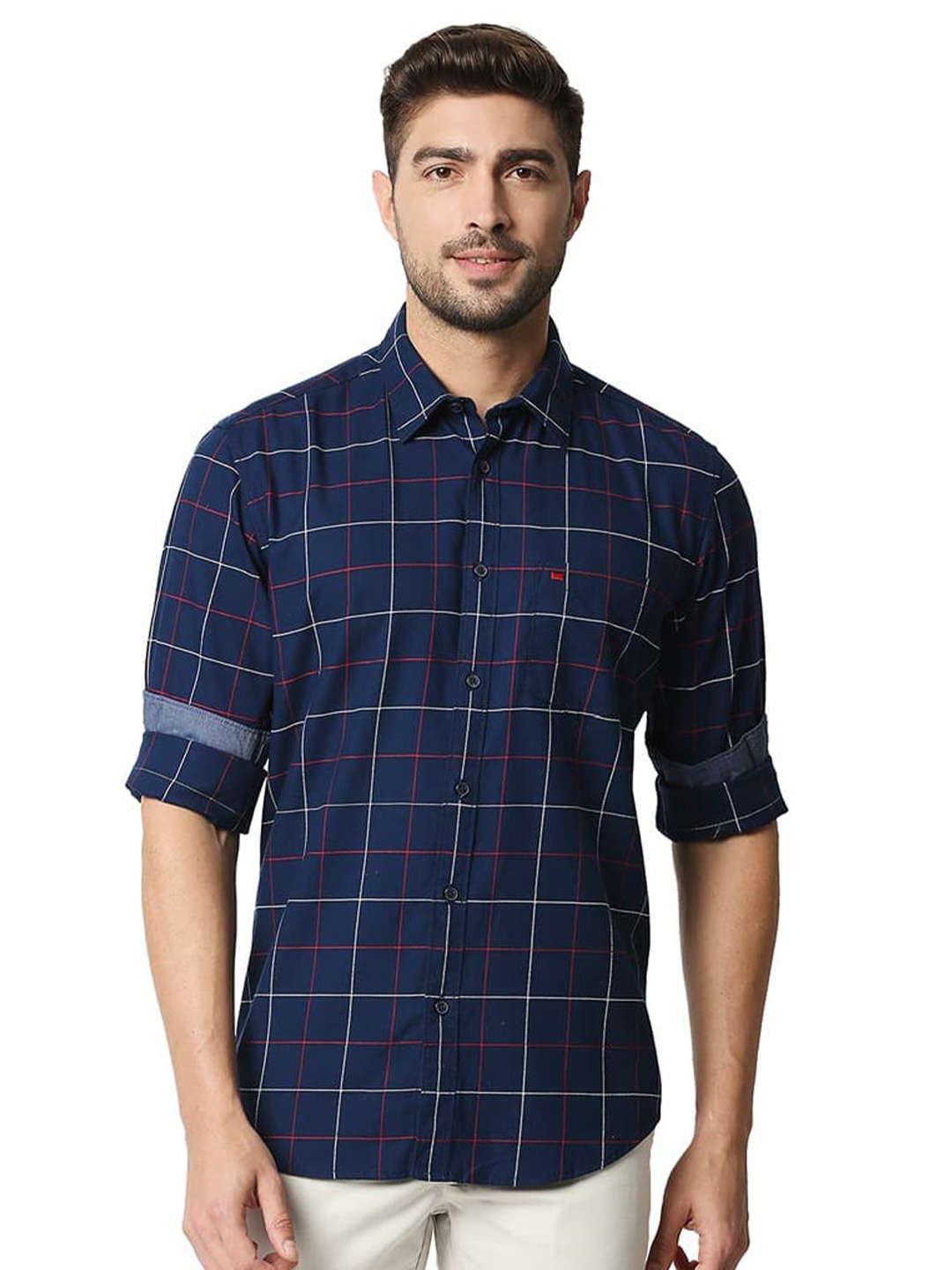 

Basics Slim Fit Cotton Checked Casual Shirt, Blue