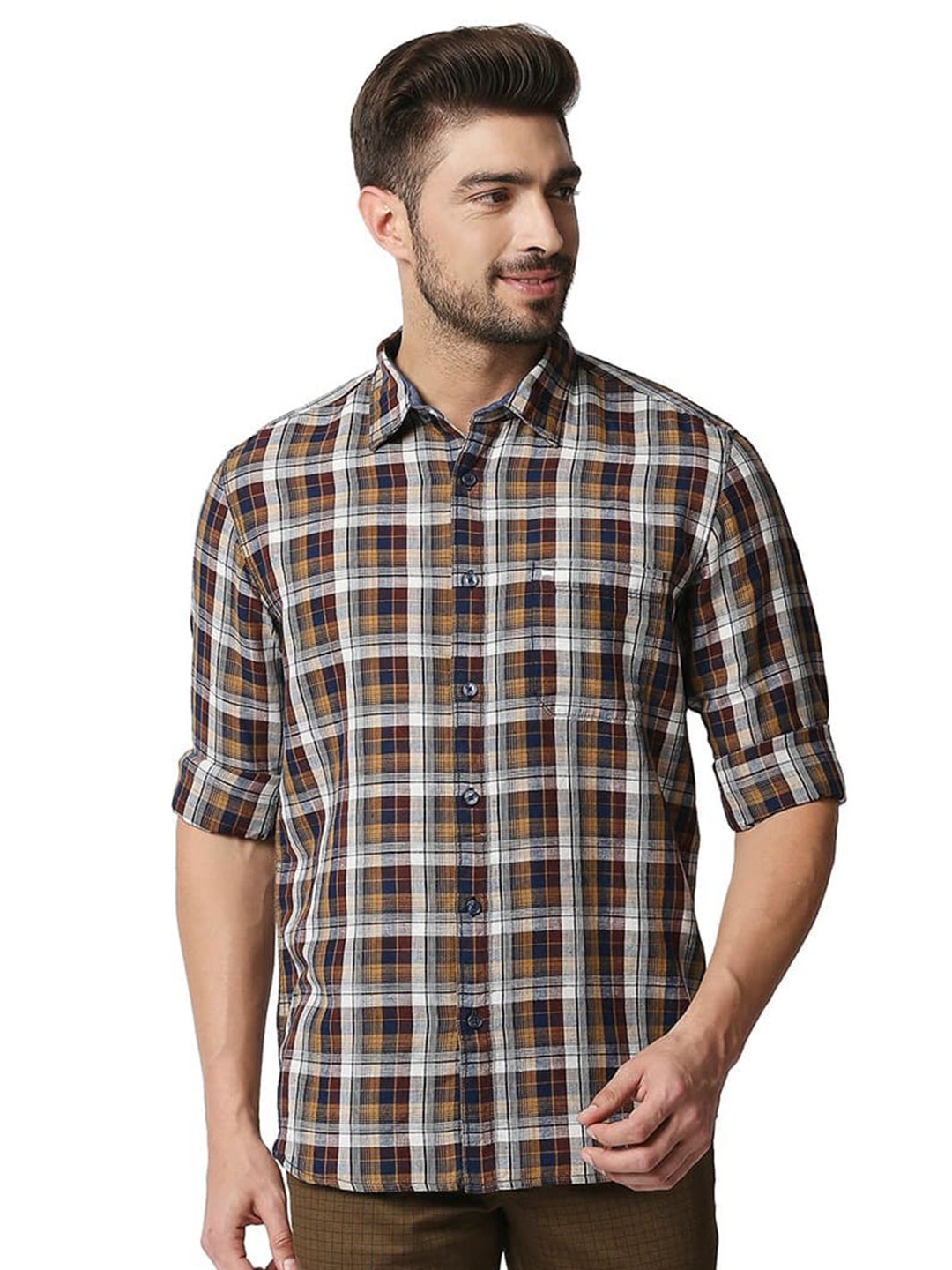 

Basics Spread Collar Slim Fit Tartan Checks Opaque Checked Casual Shirt, Brown