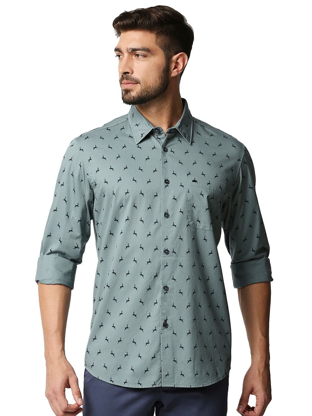 

Basics Conversational Printed Cotton Slim Fit Spread Collar Casual Shirt, Grey
