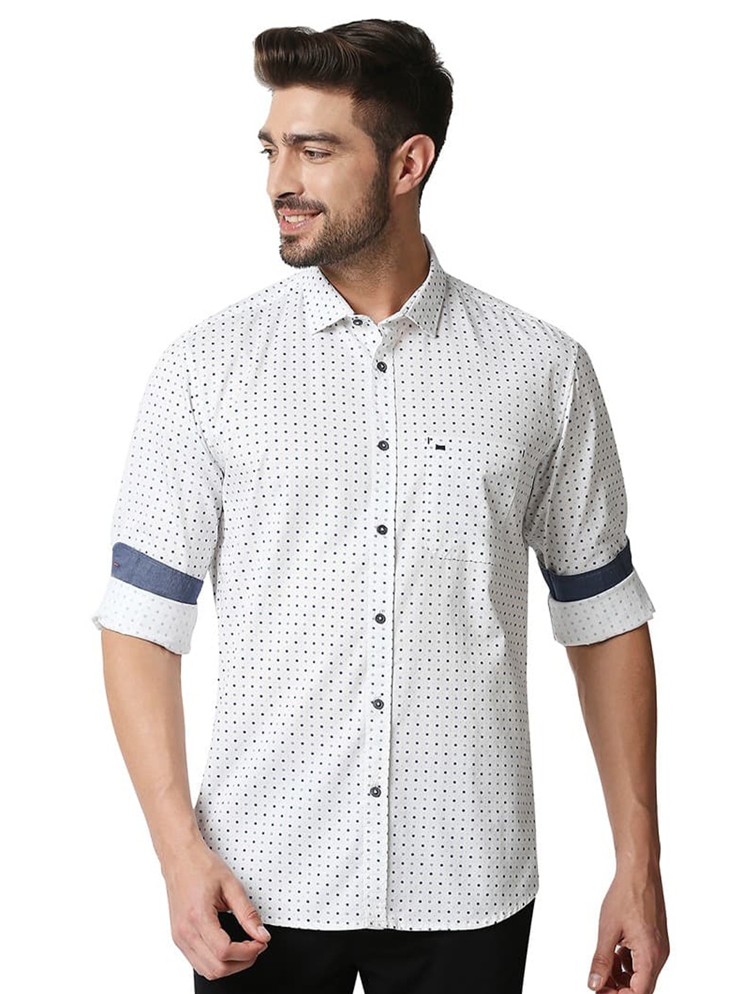 

Basics Spread Collar Slim Fit Opaque Twill Printed Casual Shirt, White