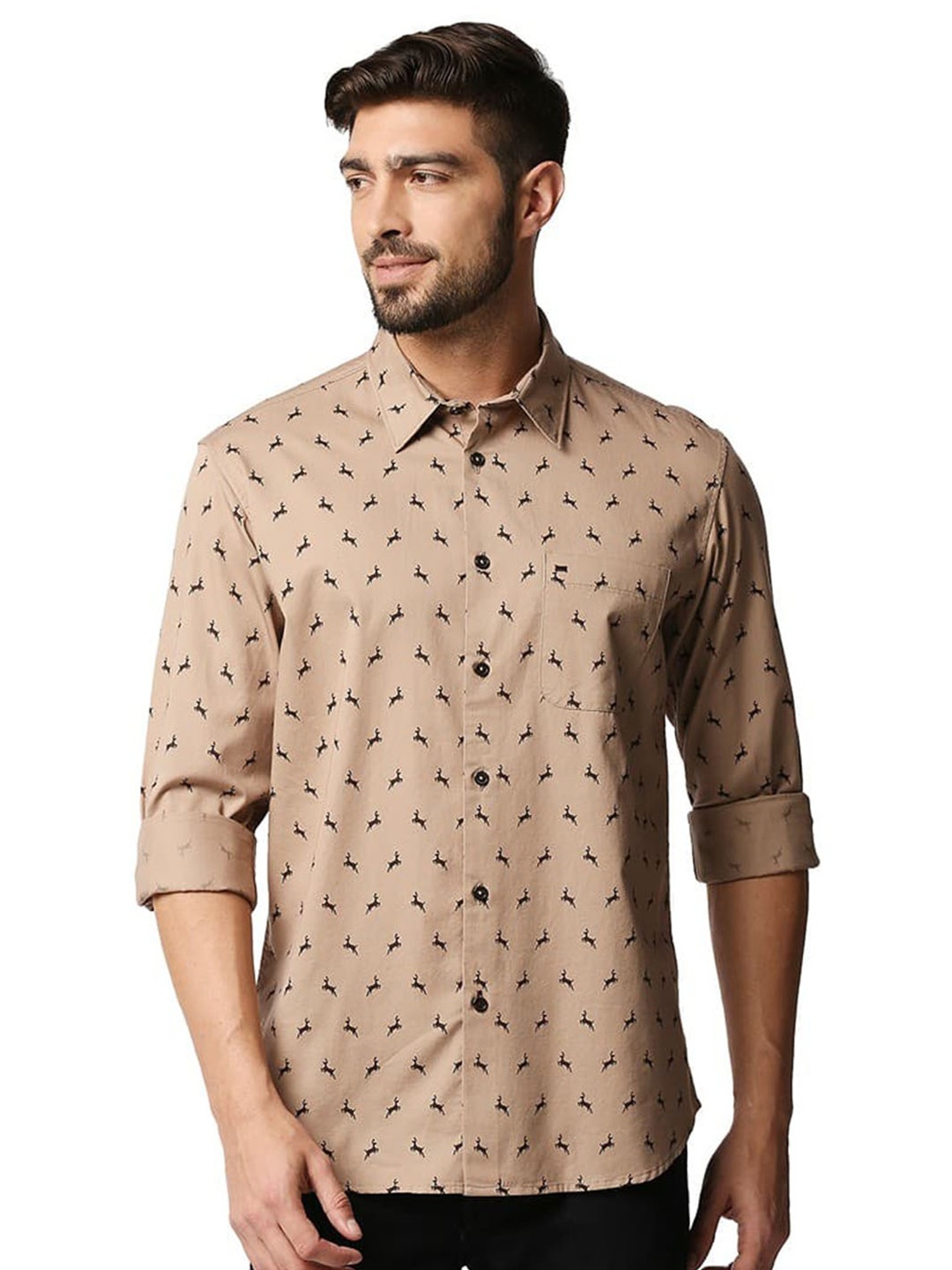 

Basics Spread Collar Slim Fit Opaque Printed Casual Shirt, Brown