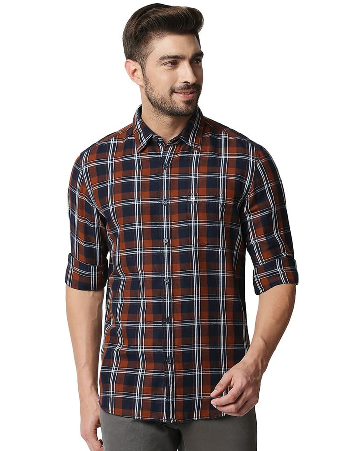 

Basics Tartan Checks Cotton Slim Fit Spread Collar Curved Casual Shirt, Brown