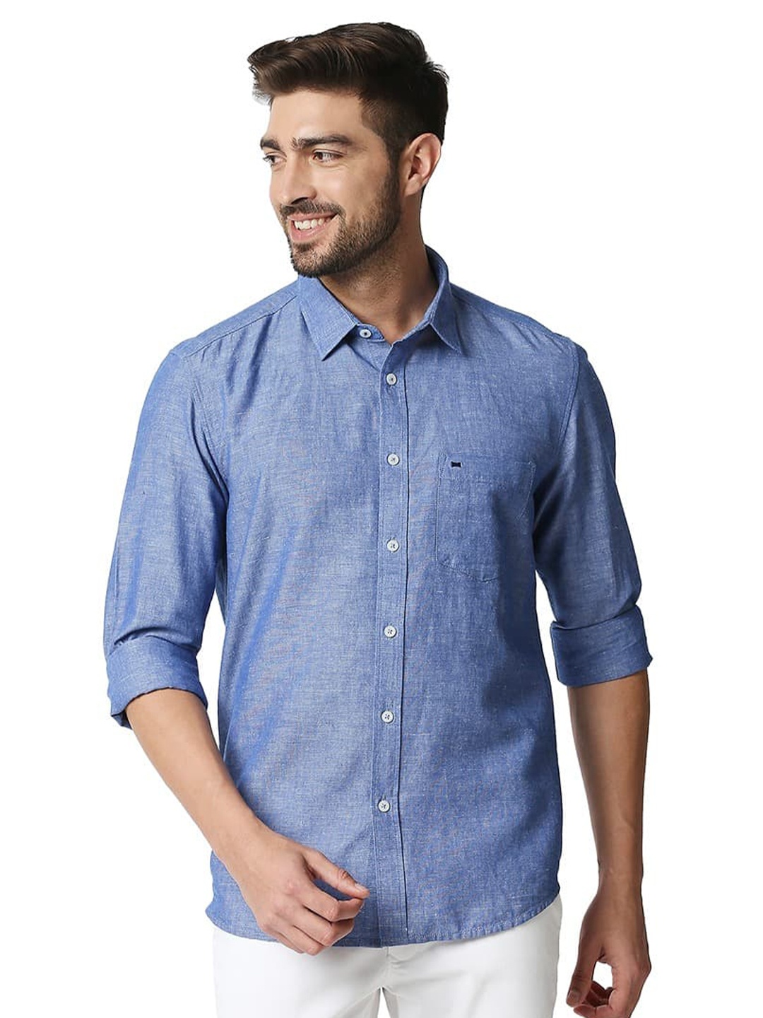 

Basics Spread collar Long Sleeves Slim Fit Opaque Casual Shirt, Blue