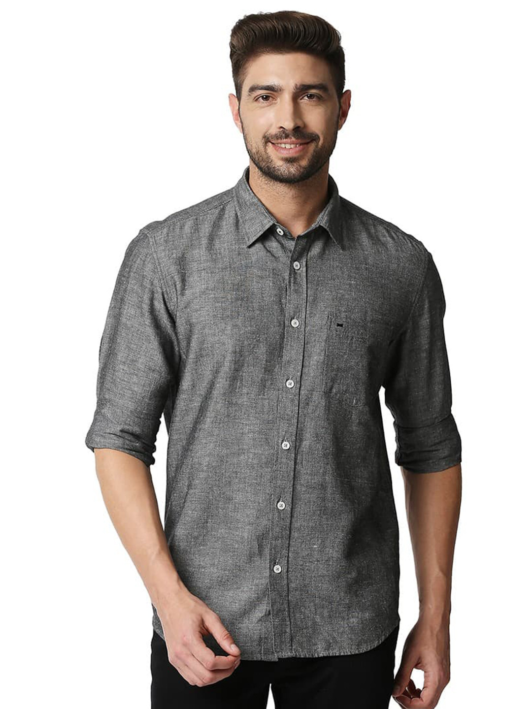 

Basics Slim Fit Cotton Linen Casual Shirt, Black